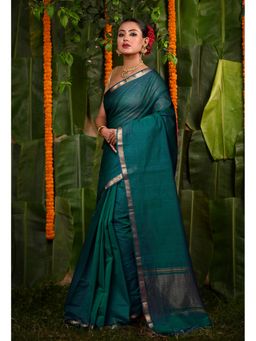 Unnati Silks - Bottle Green Pure Plain Mangal Giri Cotton Saree with Unstitched Blouse