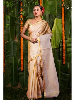 Unnati Silks - Cream Pure Plain Mangal Giri Cotton Saree with Unstitched Blouse