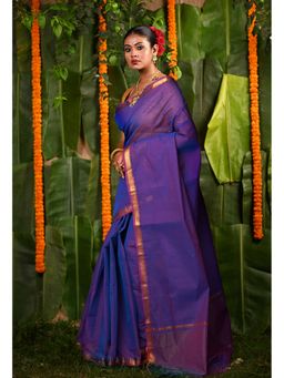 Unnati Silks - Blue Pure Plain Mangal Giri Cotton Saree with Unstitched Blouse