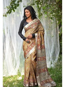 Unnati Silks - Yellow Pure Kalamkari Printed Soft Silk Saree with Unstitched Blouse