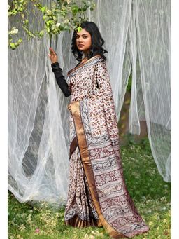 Unnati Silks - Cream Pure Kalamkari Printed Soft Silk Saree with Unstitched Blouse