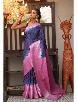 Unnati Silks - Dark Grey-Pink Pure Designer Printed Soft Silk Saree with Unstitched Blouse