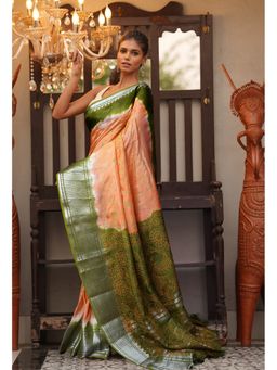 Unnati Silks - Orange-Olive Green Pure Designer Printed Soft Silk Saree with Unstitched Blouse