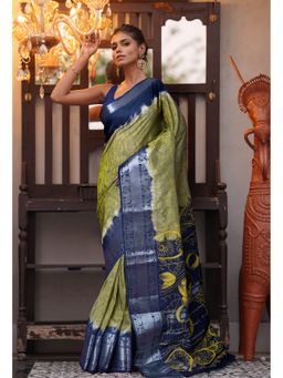 Unnati Silks - Olive Green-Navy Blue Pure Designer Printed Soft Silk Saree with Unstitched Blouse