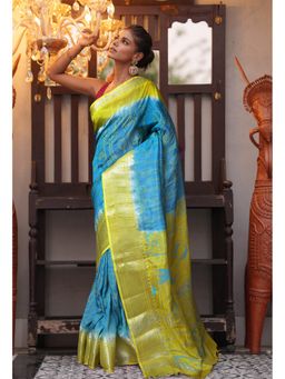 Unnati Silks - Blue-Yellow Pure Designer Printed Soft Silk Saree with Unstitched Blouse