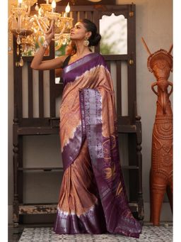 Unnati Silks - Brown-Dark Purple Pure Designer Printed Soft Silk Saree with Unstitched Blouse