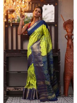 Unnati Silks - Mehendi Green Pure Designer Printed Soft Silk Saree with Unstitched Blouse