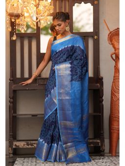 Unnati Silks - Navy Blue-Blue Pure Designer Printed Soft Silk Saree with Unstitched Blouse