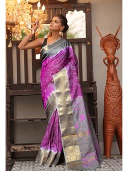 Unnati Silks - Pink-Grey Pure Designer Printed Soft Silk Saree with Unstitched Blouse