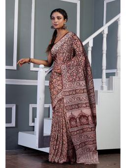 Unnati Silks - Maroon Pure Kalamkari Printed Soft Mulmul Cotton Saree with Unstitched Blouse