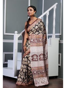 Unnati Silks - Black Pure Kalamkari Printed Soft Mulmul Cotton Saree with Unstitched Blouse