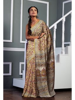 Unnati Silks - Yellow Pure Kalamkari Printed Soft Mulmul Cotton Saree with Unstitched Blouse
