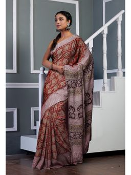 Unnati Silks - Red Pure Kalamkari Printed Soft Mulmul Cotton Saree with Unstitched Blouse
