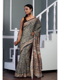 Unnati Silks - Grey Pure Kalamkari Printed Soft Mulmul Cotton Saree with Unstitched Blouse
