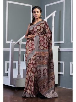 Unnati Silks - Maroon Pure Kalamkari Printed Soft Mulmul Cotton Saree with Unstitched Blouse