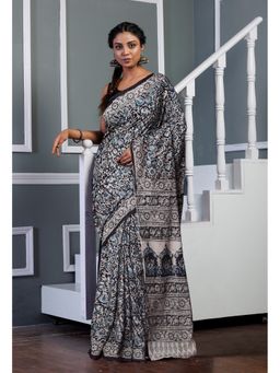 Unnati Silks - Black Pure Kalamkari Printed Soft Mulmul Cotton Saree with Unstitched Blouse