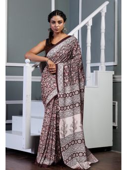 Unnati Silks - Maroon Pure Kalamkari Printed Soft Mulmul Cotton Saree with Unstitched Blouse