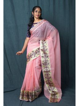 Unnati Silks - Pink Pure Banarasi Kota Saree with Unstitched Blouse