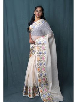 Unnati Silks - Cream Pure Banarasi Kota Saree with Unstitched Blouse