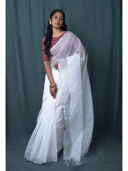 Unnati Silks - White Pure Mirror Work Kota Saree with Unstitched Blouse