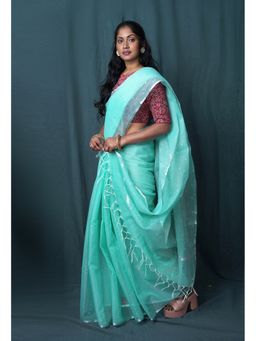 Unnati Silks - Turquoise Blue Pure Mirror Work Kota Saree with Unstitched Blouse