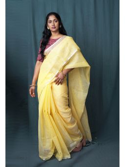 Unnati Silks - Yellow Pure Mirror Work Kota Saree with Unstitched Blouse