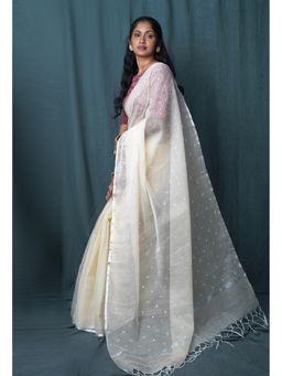 Unnati Silks - Cream Pure Mirror Work Kota Saree with Unstitched Blouse