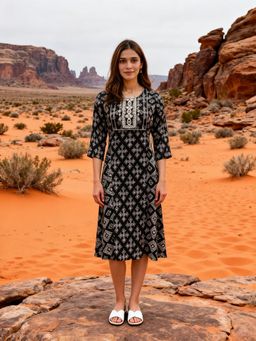 Rangita - Women Black Rayon Embroidered Flared Midi Dress