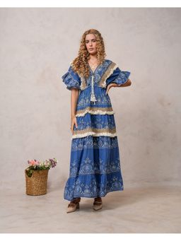 Zolo Label - Women Dark Blue Cotton Embroidered Maxi Dress