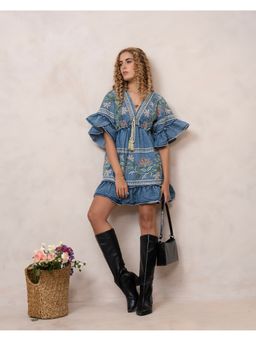 Zolo Label - Women Blue Cotton Embroidered Midi Dress