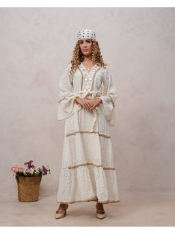 Zolo Label - Women Off White Cotton Embroidered Maxi Dress