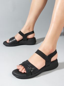 Carlton London - Black Hook & Loop Round Toe Women Sandals