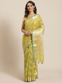Indethnic - Banarasi Green Woven Design Festive Wear Saree With Unstitched Blouse