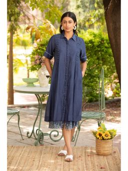 Amoree - Navy Blue Hand Embroidery Shirt Style Dress