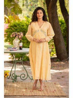 Amoree - Yellow V-Neck Embroidered Frill Sleeves Dress
