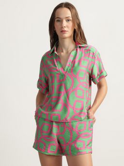 GANT - Pink Printed Spread Collar Short Sleeves Shirt