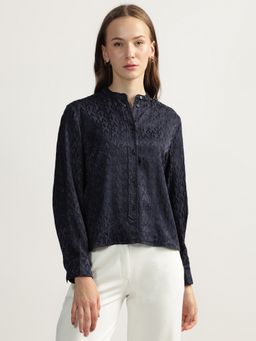 GANT - Navy Blue Printed Mandarin Neck Full Sleeves Shirt