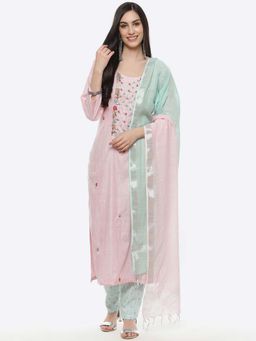 Biba - Pink Cotton Unstitched Suit Set (Set of 3)