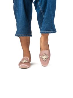 RETTROSE - The Celestial Pink Satin Rose Embellished Mules