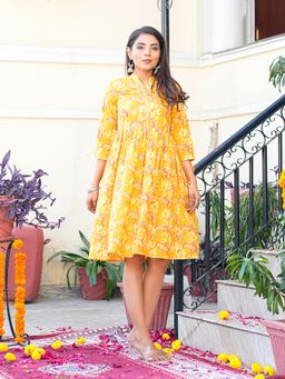 GULAB CHAND TRENDS - Mustard Dabu Hand Block Printed Knee Length Dress with Pintex Work