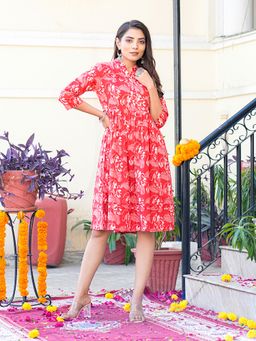 GULAB CHAND TRENDS - Red Dabu Hand Block Printed Knee Length Dress with Pintex Work