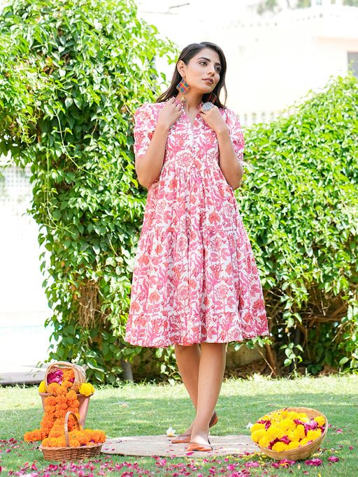 pink floral knee length dress Tie-Back Pink Floral Casual Midi Dress with Ruffles Pink Floral / Large
