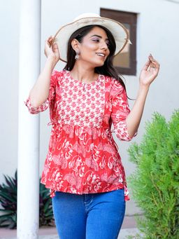 GULAB CHAND TRENDS - Red Hand Block Floral Printed Jeans Top