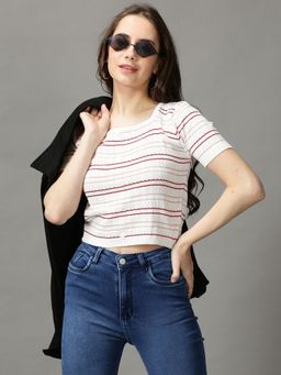SHOWOFFFF - Womens Square Neck Fitted Self Design White Crop Top