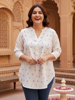 Qurvii - Mandarin Collar Cherry Print Top