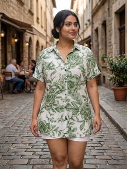 Qurvii - Green Floral Print Shirt
