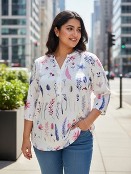 Qurvii - Satin Floral Half Placket Top