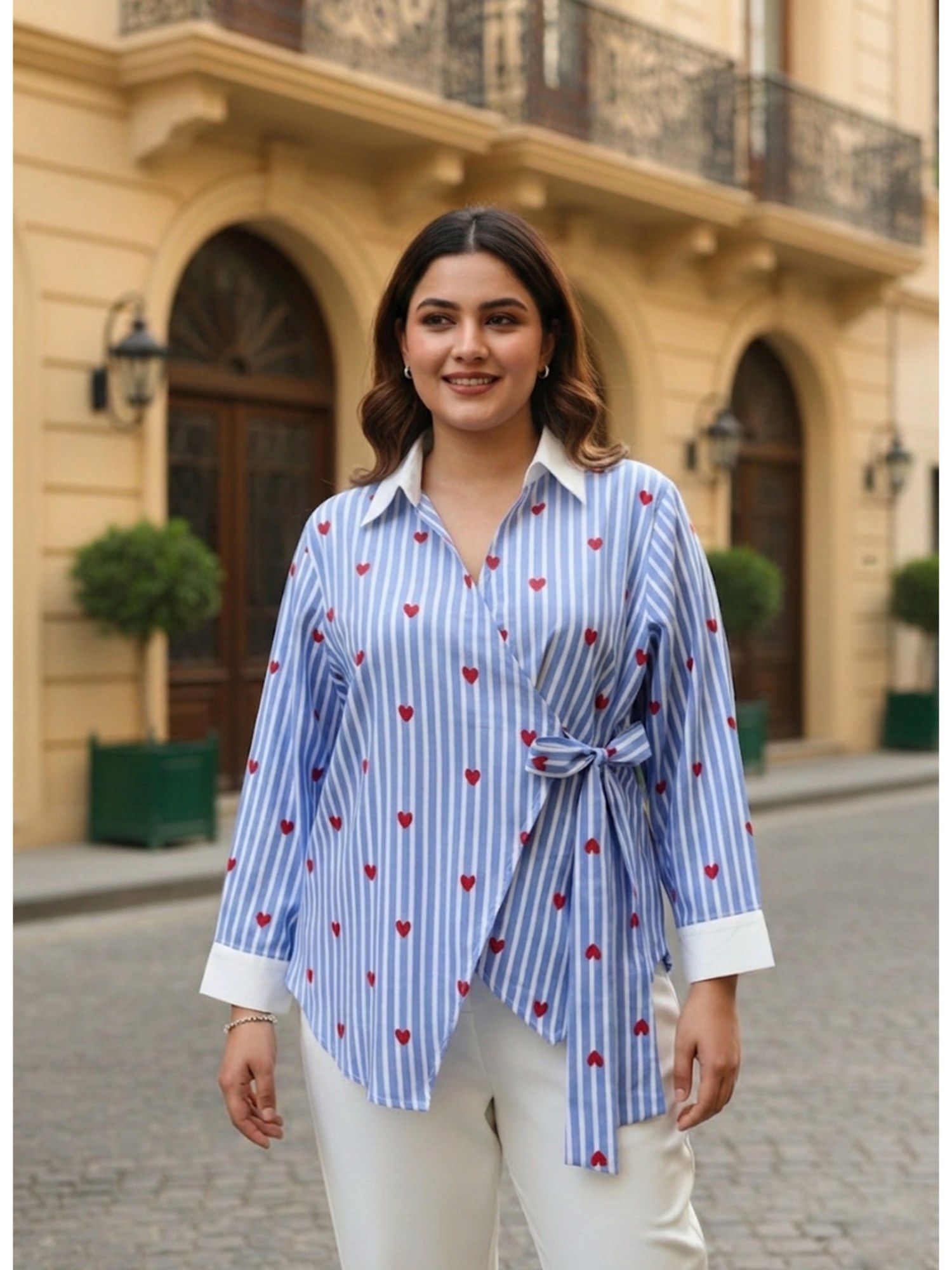 qurvii Blue Heart Stripe Wrap-Around Shirt-picture-26