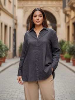Qurvii - Black Linen Regular Shirt