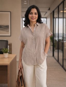 Qurvii - Brown Cotton Stripe Drop Shoulder Shirt
